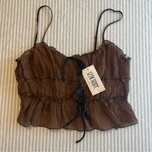 12th TRIBE Brown Plisse Ruffle Cami Top XL  Smocked Cropped Bodice Zipper #685